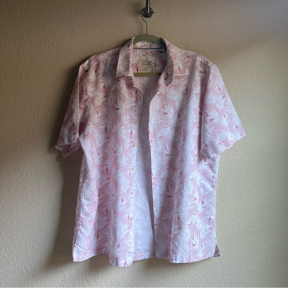 Tasso Elba Island Hawaiian Linen Blend Short Sleeve Shirt White and Red, L